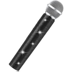 Sanwuta Fake Microphone Prop Sparkly Bling Rhinestones Plastic Play Microphone Pretend Glitter Bedazzled Mic for Cosplay Party Costume(Black)