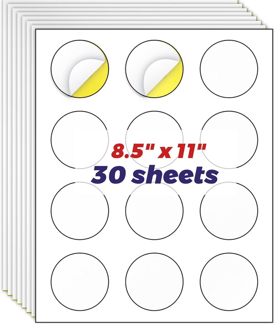 HABGP 2" Round Sticker Labels, Matte Circle Stickers for Inkjet Printer, Printable Blank White Strong Adhesive Labels for Logo, Business, 30 Sheets, 360 Labels
