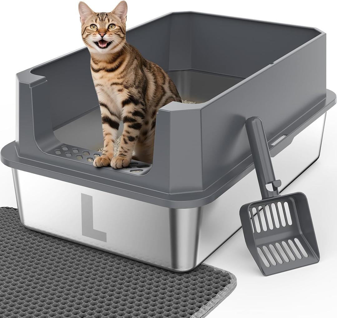 FURTIME Stainless Steel Litter Box with Lid, Large Metal Cat Litter Box for Big Cat, Large Cat Box High Sided with Non-Stick, Odor-Resistant, Anti-Urine Leakage, Easy Cleaning, Includes Scoop and Mat (Grey)
