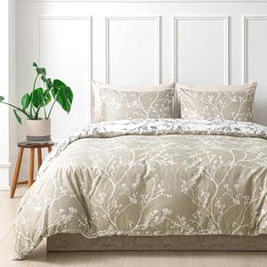 Lekesky Queen Size Duvet Cover Set, Reversible Duvet Cover Queen with Branch Pattern, Lightweight Soft Microfiber Comforter Cover, 3 Pieces Khaki Bedding Set with Zipper and 2 Pillowcases (Queen (9090 inch))