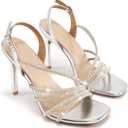 HARENCE Heels for Women Stilettos Sandals: Square Open Toe Strappy High Heeled Ankle Strap Rhinestone Dress Shoes for Wedding Prom Party Bridesmaid (Silver), 40.5