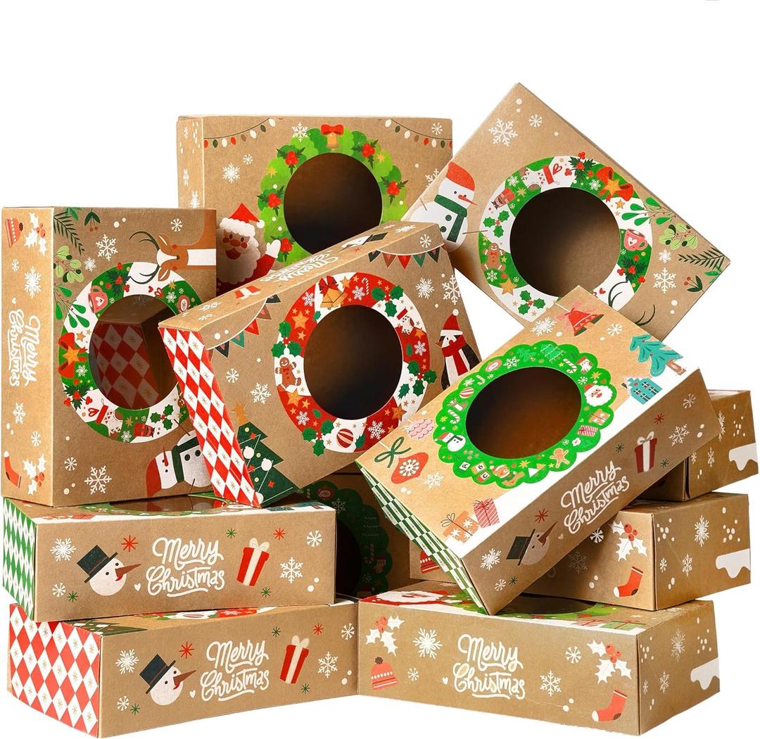 JOYIN 12PCS Christmas Cookie Boxes for Gift Giving, 8.75" x 5.75" x 2.75" Xmas Holiday Bakery Treat Boxes with Window, Kraft Cookie Tin Container Box for Baked Goods, Cupcake, Pastry, Candy, Brownies (Christmas Theme Color)