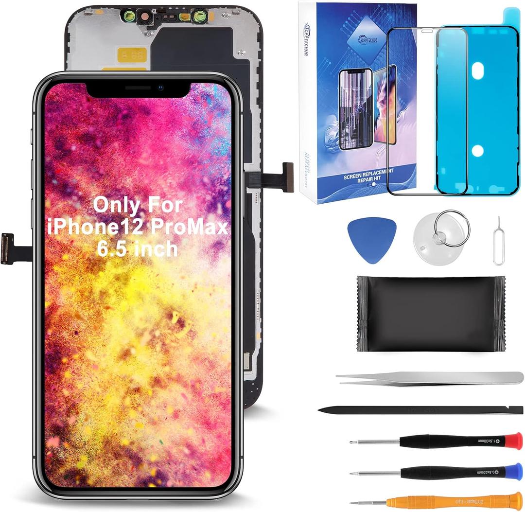 Screen Replacement for iPhone 12 Pro Max (A2342,A2410,A2412,A2411) 6.7inch 3D Touch Display Complete Repair kit Digitizer Frame Assembly with Waterproof Adhesive, Full Coverage Tempered Glass, Tools