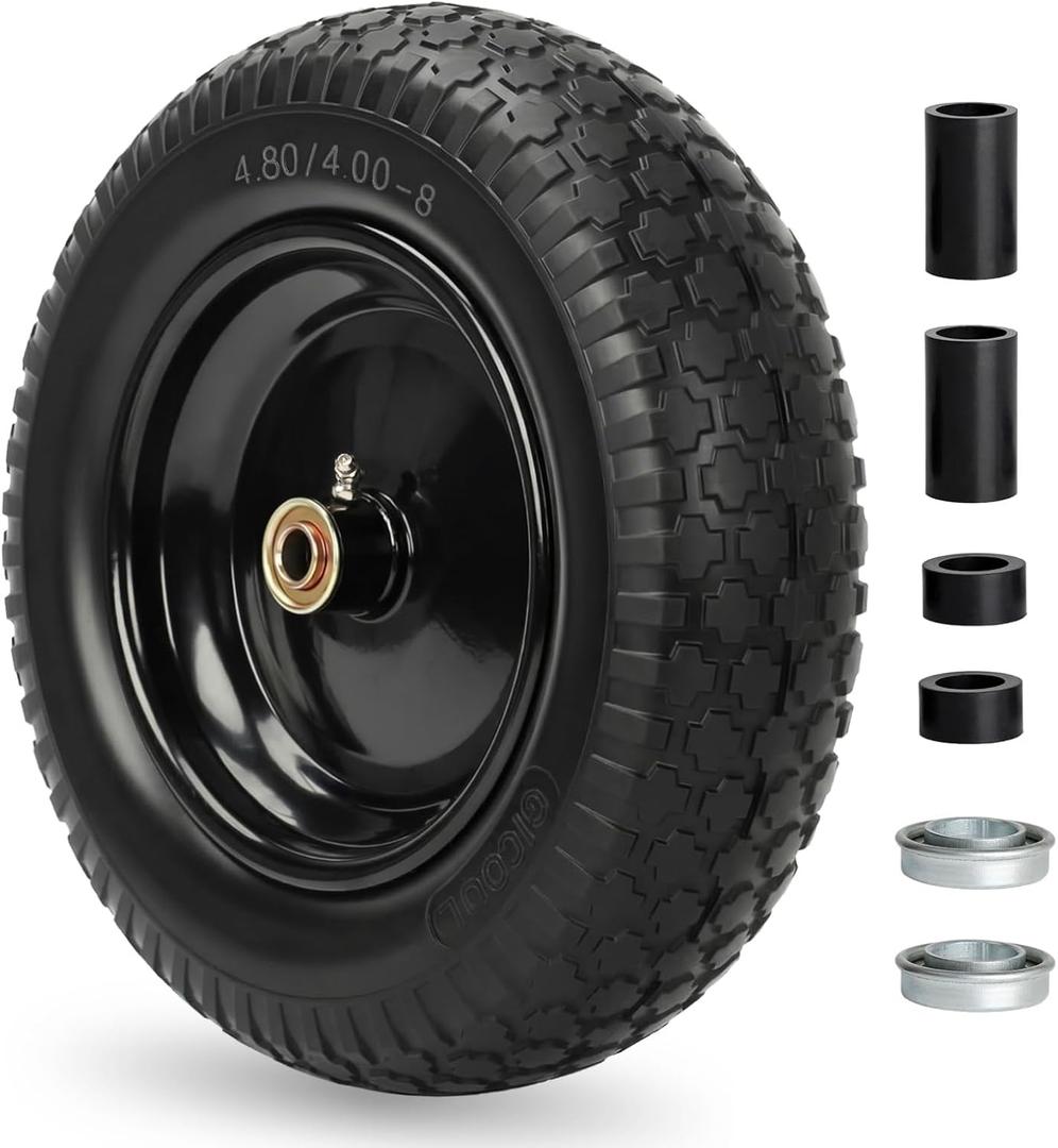 GICOOL 4.80/4.00-8 Wheelbarrow Tire, 14.5" Flat-free Solid Tire and Wheel with 5/8" Axle Bore Hole, 3-6" Centered Hub, for Wheelbarrow Trolley Dolly Go Kart, Universal Fit 3.50-8, 4.00-8