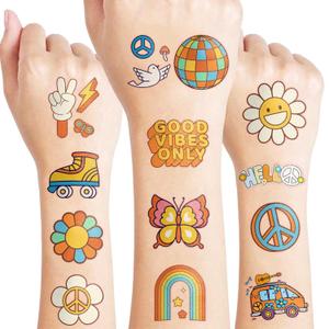 96PCS Groovy 70s Pre-Cut Temporary Tattoos - Retro Flower Power, Good Vibes Party Decorations & Favors | Cute Tattoos Stickers Gift for Kids, Boys & Girls, Prize Supplies (Normal)