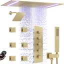 Thermostatic Shower System with 14x20 Inch Ceiling Mount LED Head & 6 Inch Wall Head and Handheld Shower 4 Function Vale with body jets Can All Run Together,Brushed Gold