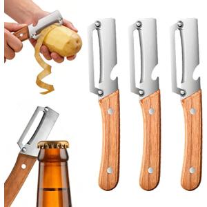 3 Pcs MultiFunctional Vegetable Peeler for Kitchen,Stainless Steel Blade with Ergonomic Wooden Handle and Built-in Bottle Opener, Kitchen Tool for Fruit Veggie Pumpkin, Gifts for Mom