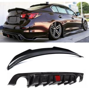 Duckbill Rear Spoiler & Rear Diffuser Compatible with Infiniti Q50 2018-2024 Sedan, Carbon Fiber Pattern Sport Style Trunk Wing Lip and Rear Bumper Splitter Kit