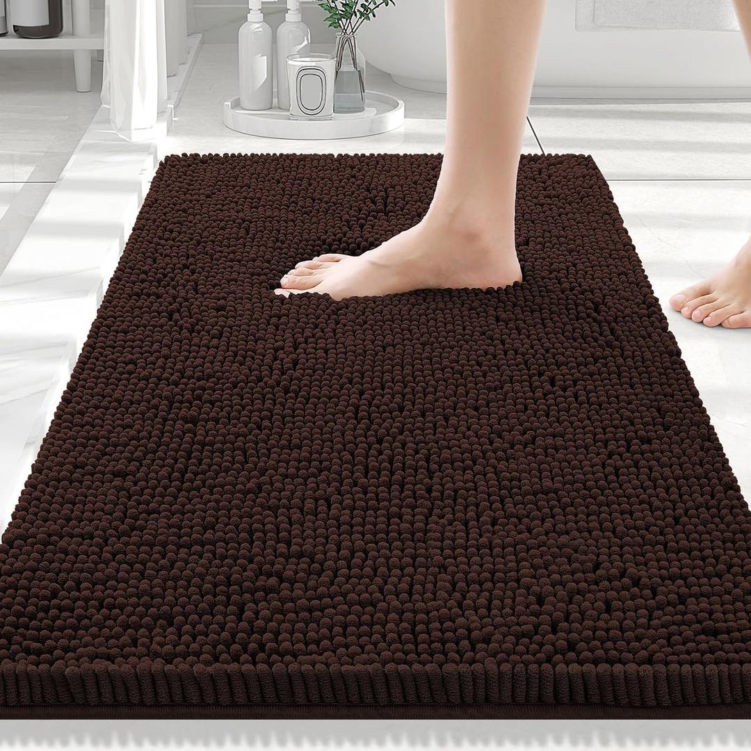 Smiry Luxury Chenille Bathroom Rugs 30x20, Extra Soft and Absorbent Shaggy Bath Mat, Machine Washable, Non-Slip Plush Carpet Runner for Tub, Shower, and Floor, Home Decor Accessories, Brown