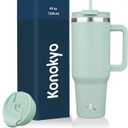 40 oz Tumbler with Handle and 2 Straws,2 in 1 Lid Insulated Water Bottle Stainless Steel Travel Coffee Mug,Retro Green