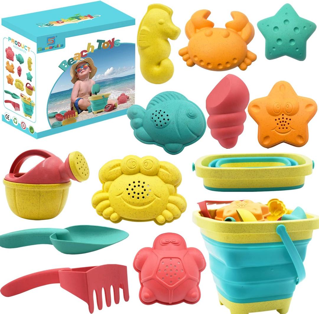 Beach Toys for Kids - Sand Toys Set Includes Collapsible Sand Bucket Shovel and Sand Rake Toy for Beach 12 PCS, Sandbox Toys Sandcastle Building Kit with Waterproof Net (A)