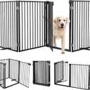 Metal Freestanding Dog Gates with Door,Extra Wide 24", 32" Height Foldable Dog Fence for Indoor & Outdoor, Heavy Duty Freestanding Pet Barrier for Stairs, Doorways, Halls, Kitchen,Yard,Christmas Tree (Black)