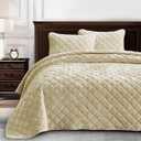 Lux Beige Velvet Quilt Oversized King Set, 3-Piece Plush Distressed Velvet Bedding All Season Lightweight Comforter Brushed Microfiber Reverse with Diamond Stitch Quilting