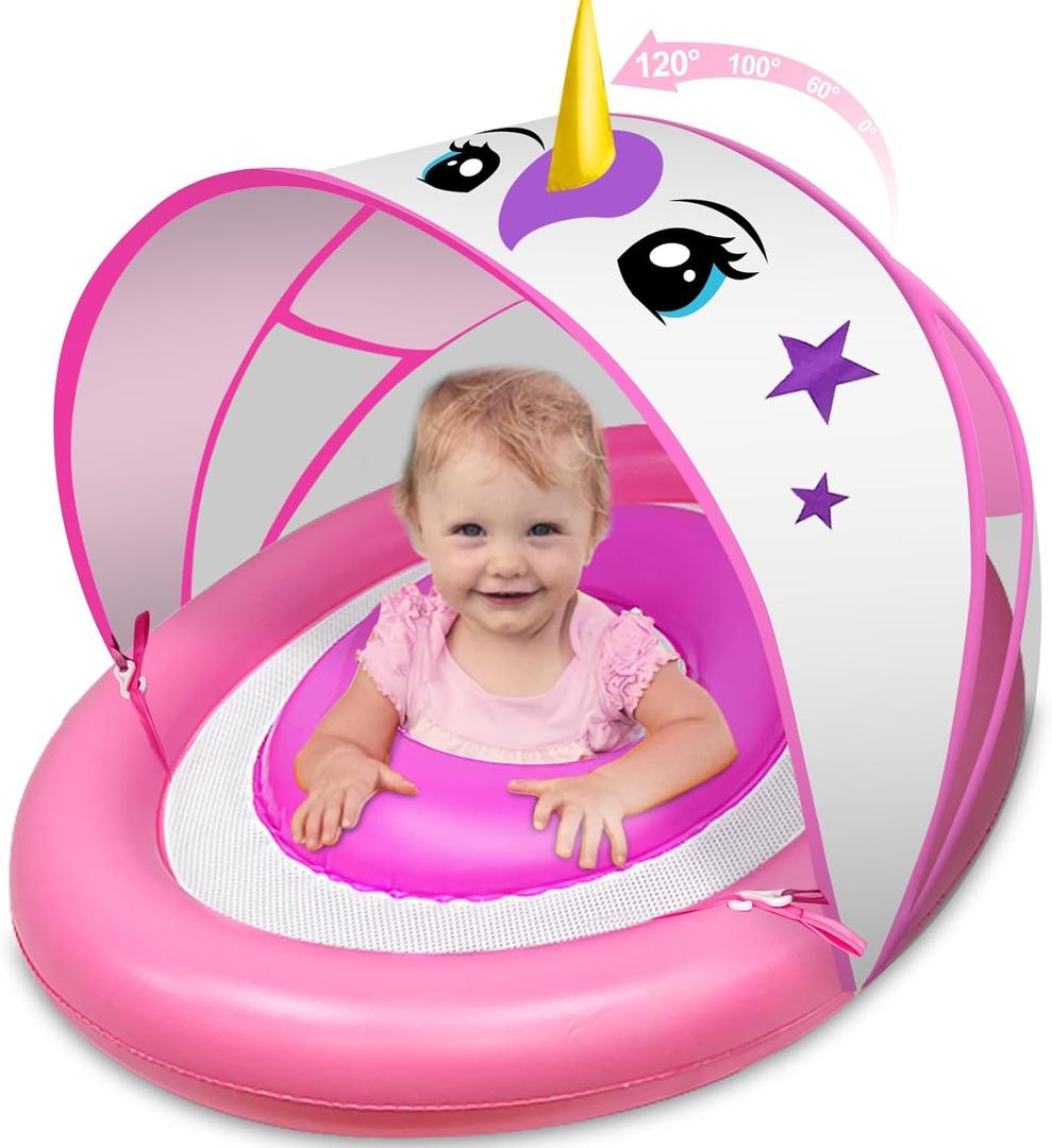 Baby Float with Canopy, UPF50+ Sun Protection, Dual Air Chambers, Inflatable Baby Pool Float for Age 6-36 Months, Toddler Pool Float wtih Adjustable Safety Seat, 4 Stage Adjustable Sun Canopy, 25.5inch x 34.2inch