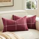 YZJZEDS 2 Packs Grid Embroidery Lumbar Throw Pillow Covers, 12x20 Inch Burgundy, Farmhouse Linen Decorative Red Cushion Covers for Sofa Bed Living Room Home Decor