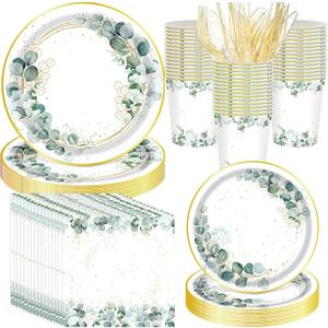 400 Pcs Sage Green Party Supplies Sage Green and Gold Disposable Paper Plates Eucalyptus Napkins and Cups for Bridal Baby Shower Birthday Wedding Party Decorations Supplies