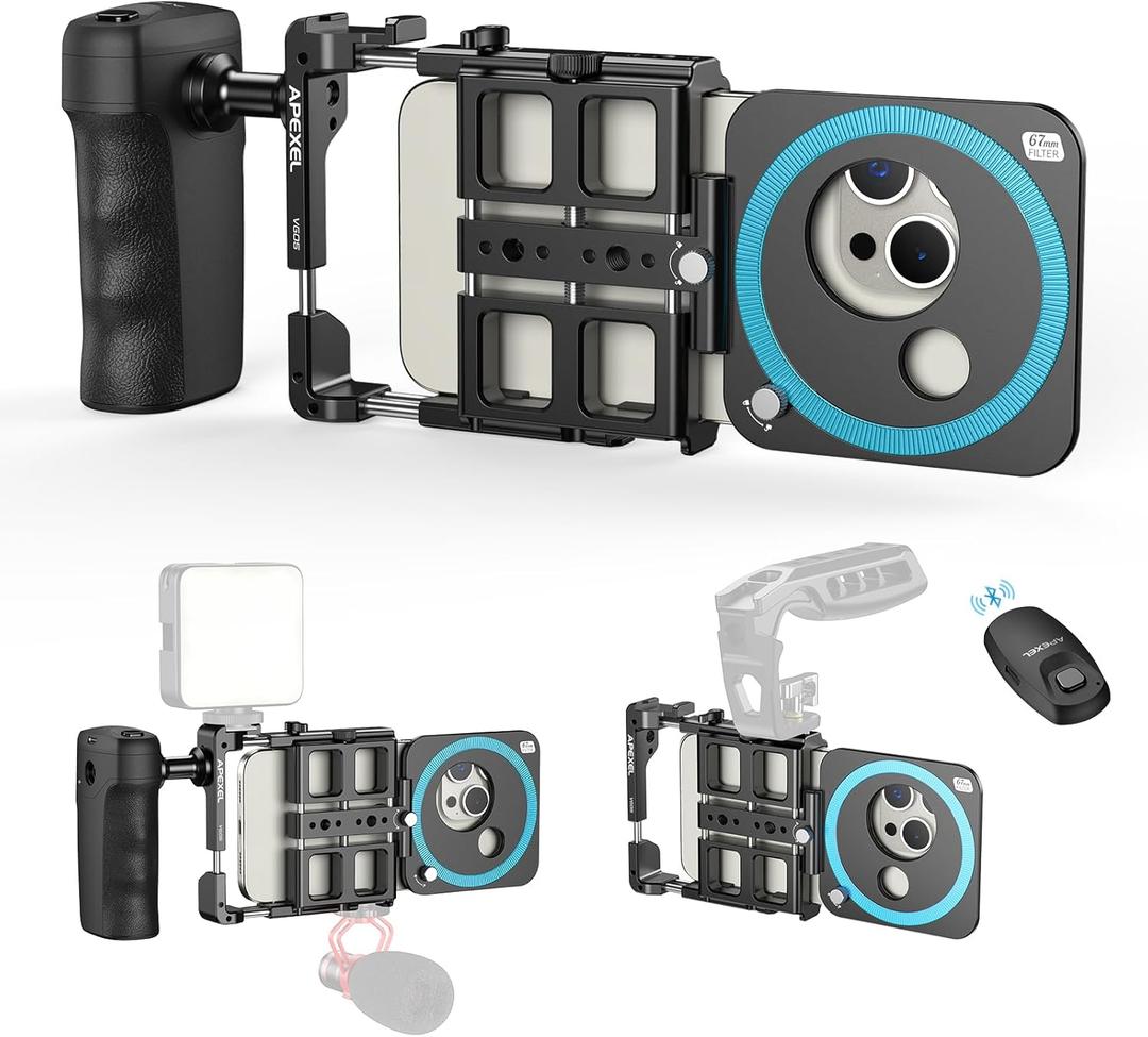 APEXEL Universal Phone Rig Video Kit. Aluminum Handheld Smartphone Vlogging Cage with Rechargeable Handle Wireless Bluetooth Shutter, Phone Stabilizer for Videomaker Compatible with iPhone/Android. APEXEL Universal Phone Rig Video Kit. Aluminum Handheld Smartphone Vlogging Cage with Rechargeable Handle Wireless Bluetooth Shutter, Phone Stabilizer for Videomaker Compatible with iPhone/Android.