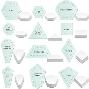 Cinnvoice 612 Pcs Patchwork Paper EPP English Piecing Supplies 12 Shapes Acrylic Templates Set with 600 Pcs Paper Piecing for Sewing Dresden Plate Triangle Hexagon Quilting Template(Light Green)