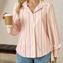 Yousify Womens Puff Long Sleeve Button Down Shirts Striped Casual Loose Fit Blouse Trendy Fall Tops (Orange)
