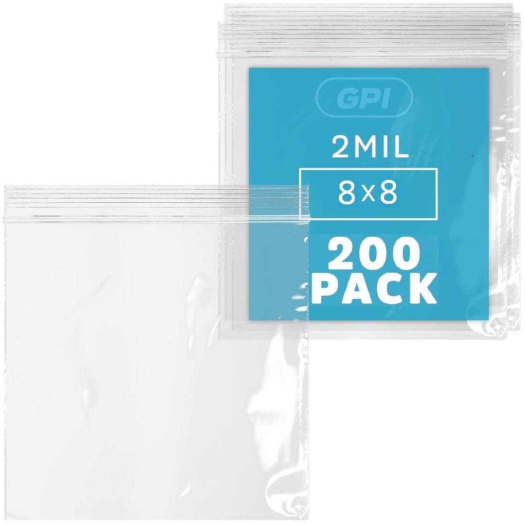 GPI - 8" X 8", 200 Count, Clear Plastic Reclosable Zip bags, Large, Bulk 2 Mil Thick Strong & Durable Poly Baggies with Resealable Zip Top Lock for Travel, Storage, Packaging & Shipping.