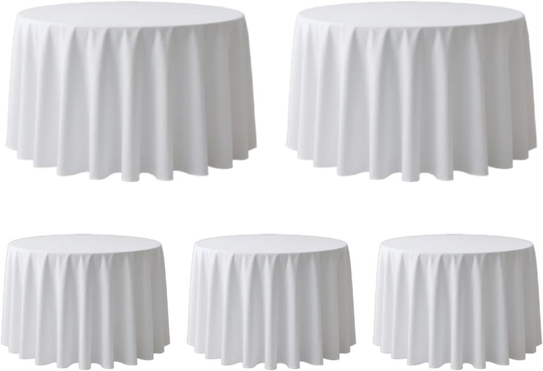 Surmente 132 inch Round Tablecloths -5 Pack White Round Table Cloths, Polyester Fabric Table Covers for Weddings, Banquets, or Restaurants