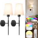 20 inch Battery Operated Wall Sconces Set of 2, Wireless Wall Lights with Rechargeable Bulbs & Remote, 15 Colors & Dimmable, Battery Powered Wall Lights for Bedroom, Living Room, Hallway, Black