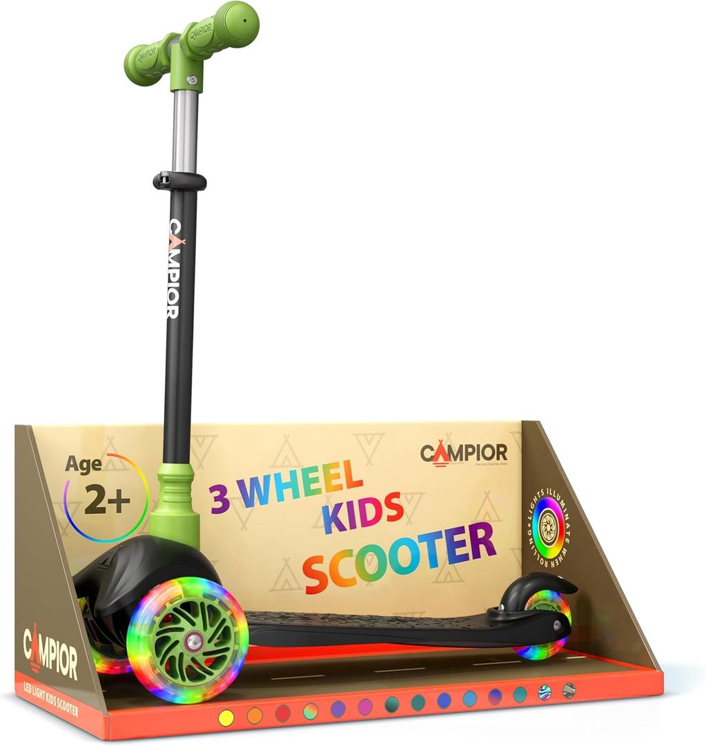 Black & Green Mini 3 Wheel Scooter for Kids Lean-to-Steer with LED Light-Up Wheels, Adjustable Handlebar, Wide Anti-Slip Deck, Smooth PU Wheels, Rear Foot Brake Toddler Scooter for Ages 2+