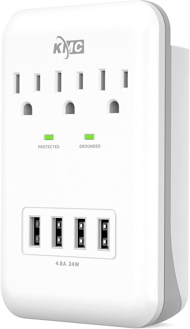 KMC 3-Outlet Wall Mount Surge Protector, 900 Joules, 4 USB 4.8 AMP USB Charging Ports, Phone Holder Cradle for Home, School or Office, ETL Certified (1 PACK)