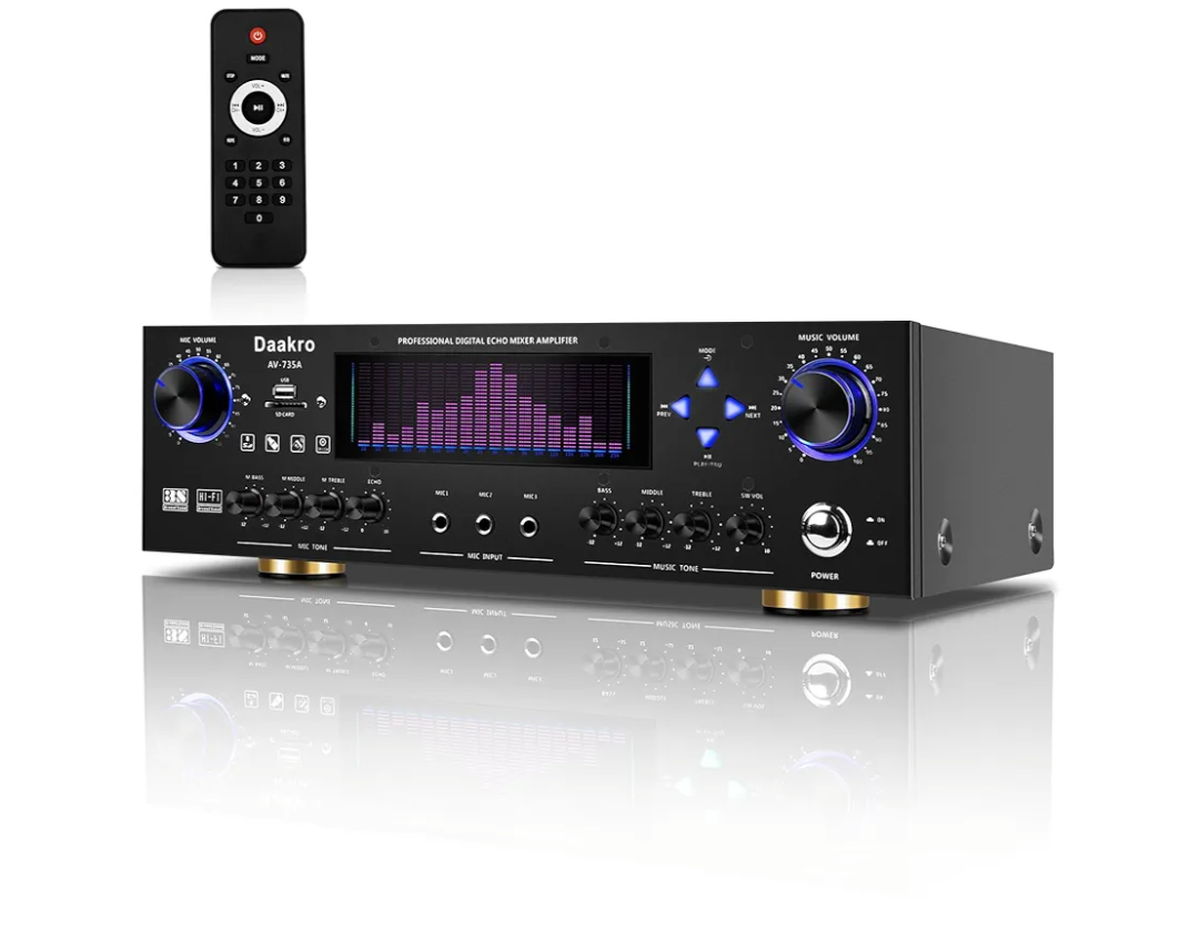 AV-735A 600W 5.1 Channel Home Theater Stereo Receiver,Wireless Home Audio Amplifier System,Digital Stereo Receiver/Amp System w/ 3 Mic in Echo/BT/USB/SD/RCA/LED/Opt/Coax for Home/Studio