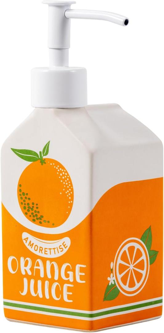 Ceramic Orange Juice Bottle Soap Dispenser, Refillable Lotion Pump Bottle for Bathroom Kitchen Dish Soap