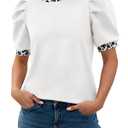 Tankaneo Womens Puff Short Sleeve Tops Summer Dressy Casual Crew Neck Work Blouses 2026 Leopard Loose Fit T Shirt (White, S)