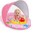 EZIGO Baby Pool Float with Canopy UPF50+ Sun Protection, Inflatable Kids Pool Floats with Ocean Animal Toys for Baby 6-36 Months, Infant Swimming Float with Adjustable Safety Seat for Boys Girls (Pink)