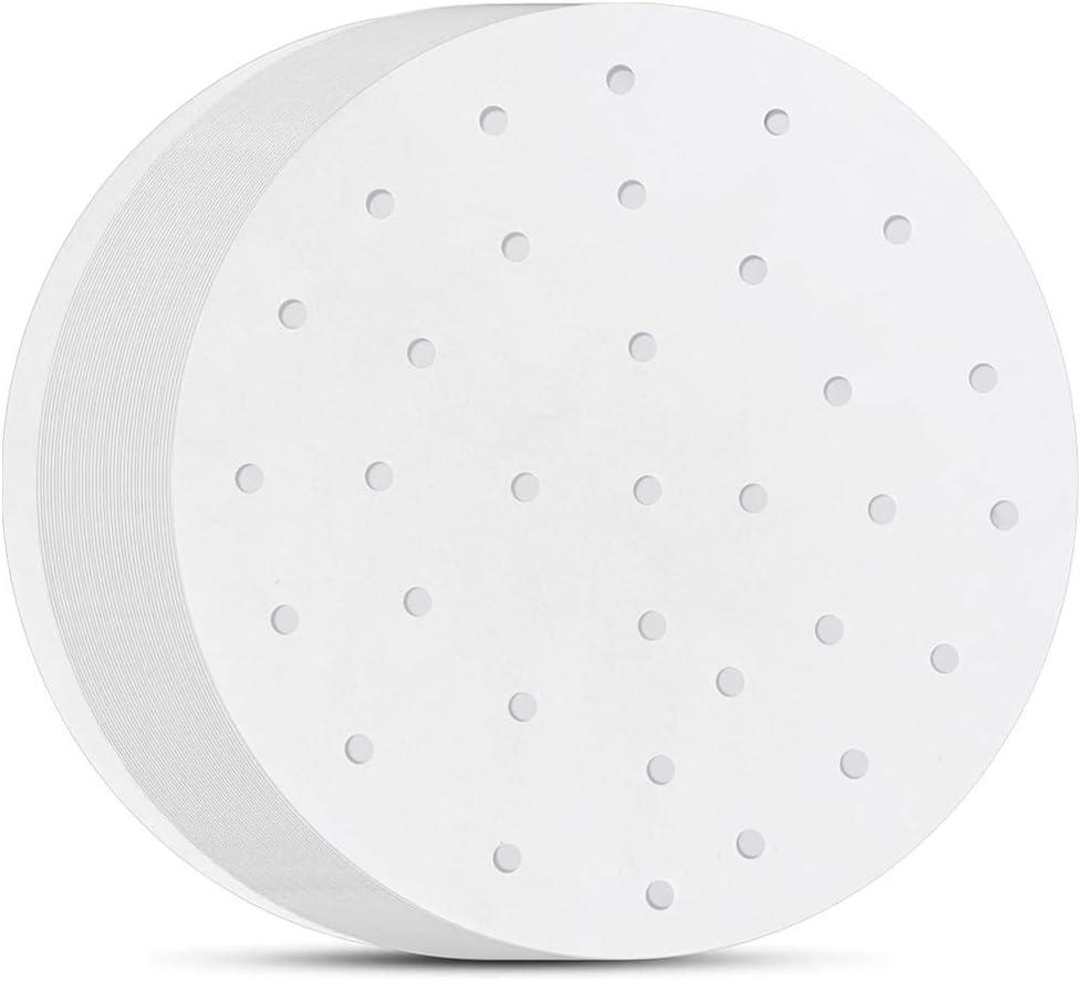 Air Fryer Parchment Paper, Set of 200, 8 inch Steamer Liners/Perforated Round Air Fryer Sheet Filter Liners/Dumpling Bamboo Steamer Paper for Airfryer, Steaming Basket and More (White)