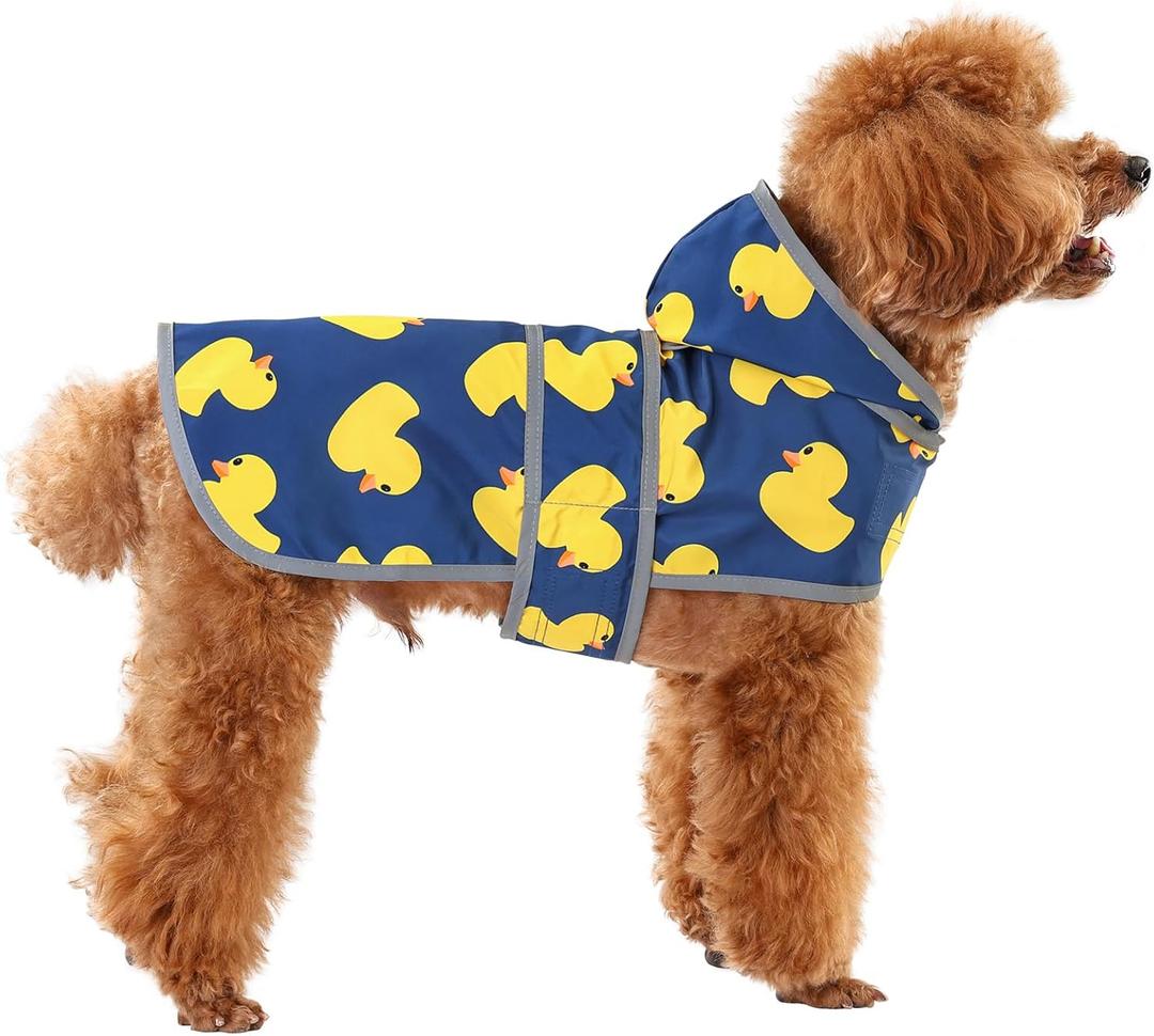 Dog Raincoat, Waterproof Dog Rain Jacket with Hood, Adjustable Rain Coat Poncho with Reflective Strips & Leash Hole for Large Medium Small Dogs Puppies, Lightweight Pet Clothes (Navy Blue Duck) S