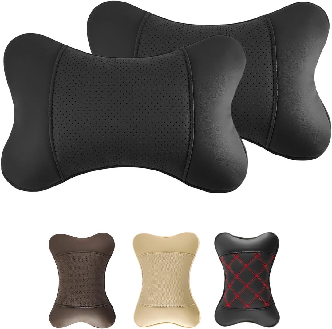 2 Pack Car Neck Pillow PU Leather Automotive Headrest Pillow for Car Support Neck Pain Relief Universal Car Pillow (Black)