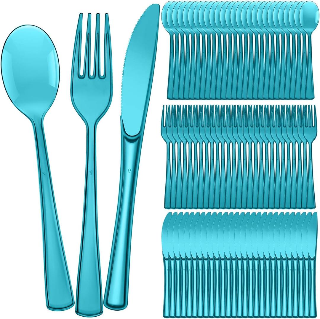 Minatee 150 Pieces Disposable Cutlery Set Plastic Silverware Heavy Duty Utensil Sets 50 Forks 50 Knives 50 Spoons for Home Office School Party Picnics Restaurant Outdoor Events (Peacock Blue)