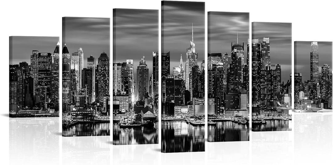 LevvArts Huge 7 Pieces New York City Canvas Wall Art Manhattan Skyline Night View Picture Painting Modern Black and White City Poster Prints for Home Office Living Room Wall Decoration (Black)
