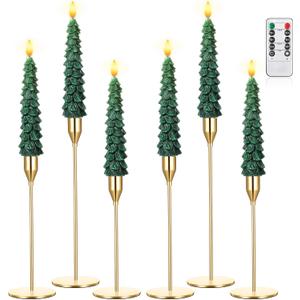 Honoson 6 Sets Flameless Christmas Tree Taper Candles with Holders Remote Control, LED Taper Candles AAA Battery Operated Flickering Candlesticks for Window Fireplace (Gold, Classic Style)