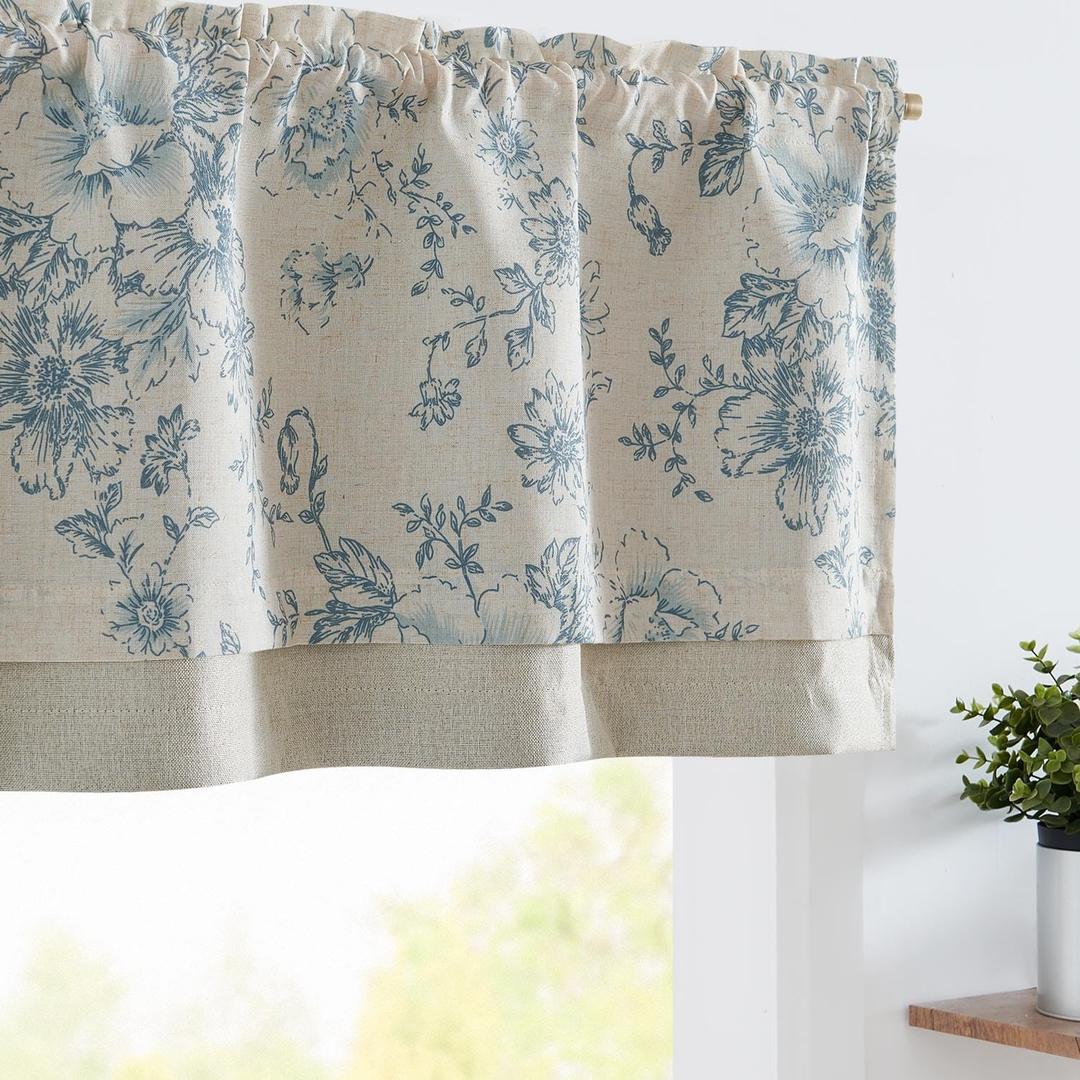 jinchan Linen Floral Valance Double Layer Kitchen Window Curtain Blue Flower on Beige Valance for Living Room Cafe Farmhouse Room Darkening Rustic Country Curtain 16 Inch Rod Pocket 1 Panel