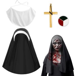 4 Pcs Halloween Nun Costume Accessories for Women, Nun Costume Hat Nun Collar Gold Cross Pendent Necklace Body Paints for Halloween Cosplay Women Fancy Dress Up, Nun Outfit, Halloween Party Props