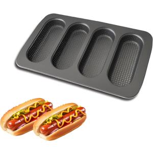 Hot Dot Bun Pan, Non-Stick Carbon Steel Baguette Pan, Perforated Hotdog Bread Pans, Mini Baguette Sandwich Baking Trays for Hot Dog Bun Rolls, Black (1 Pack)