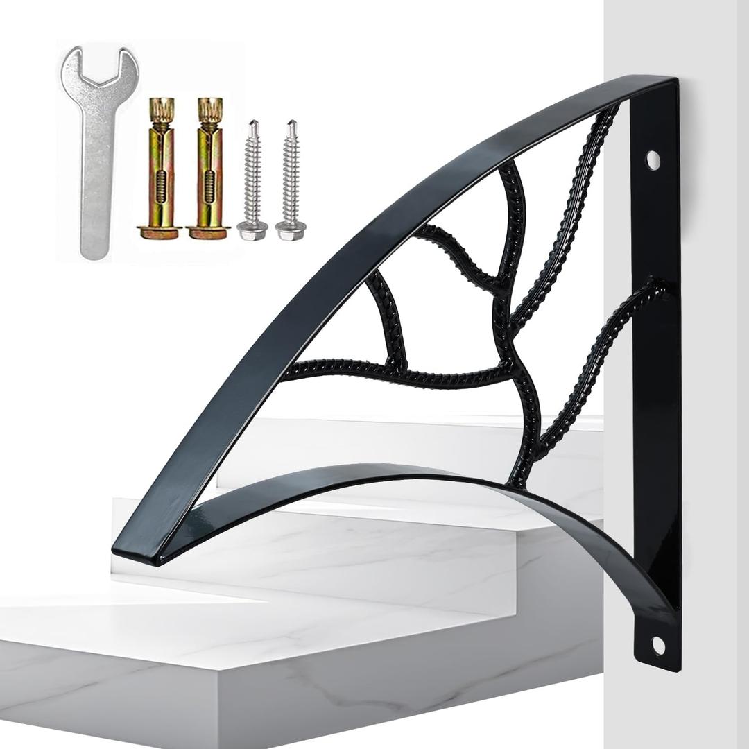 Yahpetes Hand Rails 1-2 Steps Porch Handrails Wrought Iron Handrail Grab Rail Single Post Railing 18.1"X16.1" Black Stair Railing Bracket Metal Art Wall Mount Rail for Outdoor Step