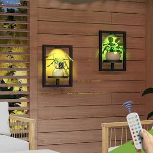 BAOYOUNI 2 Pack Metal Picture Frame Wall Plant Holder with 15 Color Lights, Window Plant Shelf, Modern Floating Plant Stand for Indoor Outdoor Patio Balcony Garden Living Room Bedroom
