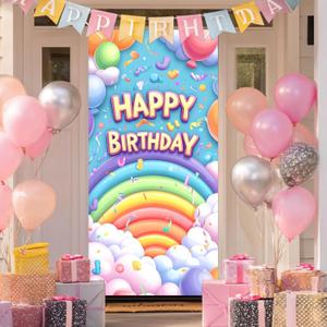 BlissYard Birthday Door Cover 71x35 Inch Rainbow Birthday Door Banner Background for Party Decorations Balloons Confetti Backdrop Sign for Boys Girls Kids Photo Booth Prop Wall Decor
