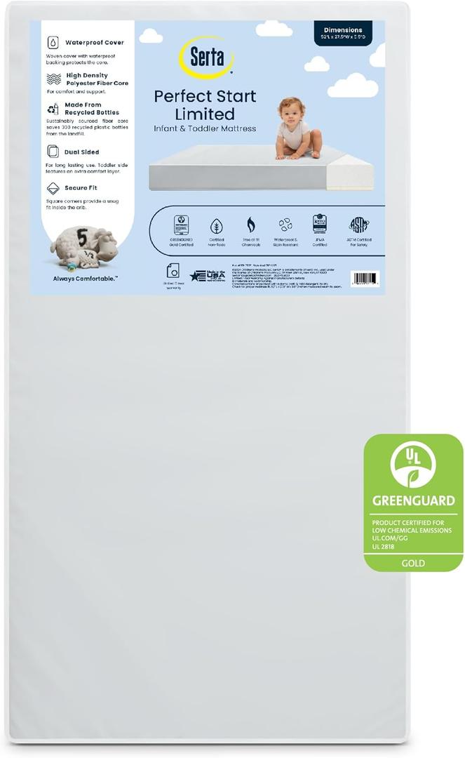 Serta Perfect Start Limited Dual Sided Baby Crib Mattress and Toddler Mattress, Breathable Fiber Core, GREENGUARD Gold Certified, Waterproof, Made in USA