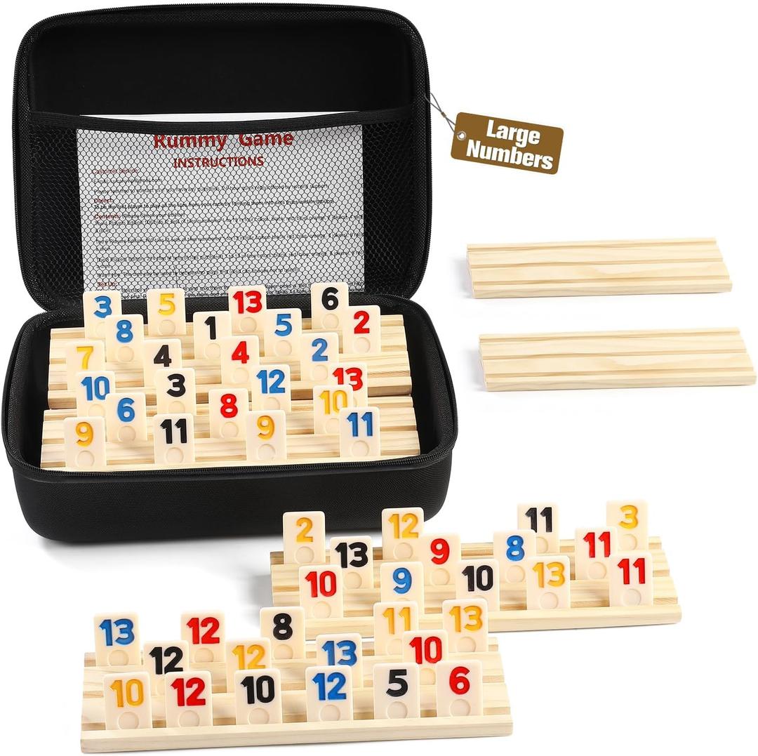 Rummy Cube 6 Player Edition with 6 Wooden Racks/Trays, 160 Large Numbers Rummy Tiles Set with Zippered Case, Rummy Travel Game Set with 6 Tiles Holders - Classic Board Games for Family Adults Kids