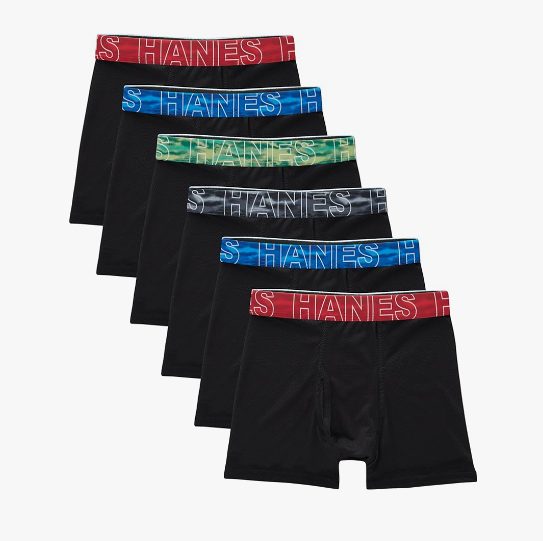 Hanes Boys' Big Performance Tween Boxer Brief Pack, X-Temp Mesh Stretch Underwear, Black, 6-Pack Size M