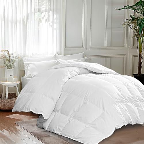Martha Stewart Goose Feather Down Fiber Cotton Comforter Queen Size, Feather Duvet Insert Queen, Hotel Collection Hypoallergenic Comforter 58oz All Season Medium Warmth 90 x 90 Inch White