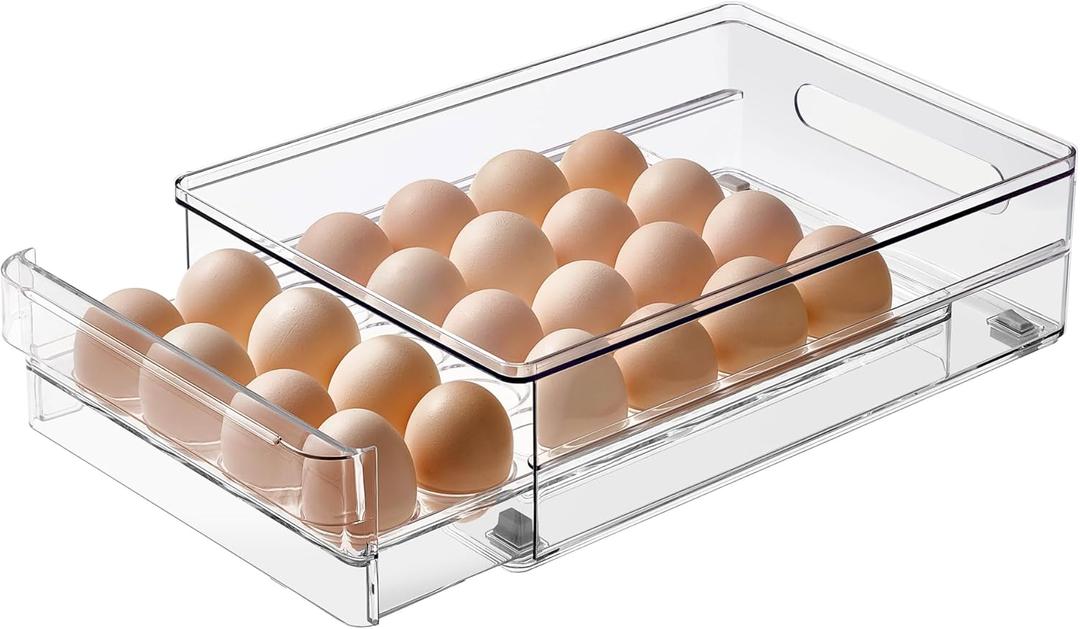 vacane 24 Capacity Egg Holder for Refrigerator Organizer Bins, BPA Free Egg Storage Container with Non-Slip Pads, Space-Saving Egg Tray for Fridge Drawer (1 Pack-Clear)