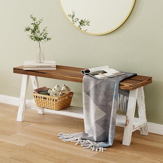 43.3" Farmhouse Bench, End of Bed Bench,Solid Wood Entryway Bench, Indoor Bench, Rustic Wood Bench Seat for Indoor,Entryway, Dining Room, Living Room, Hallway, end Bed and Front Door